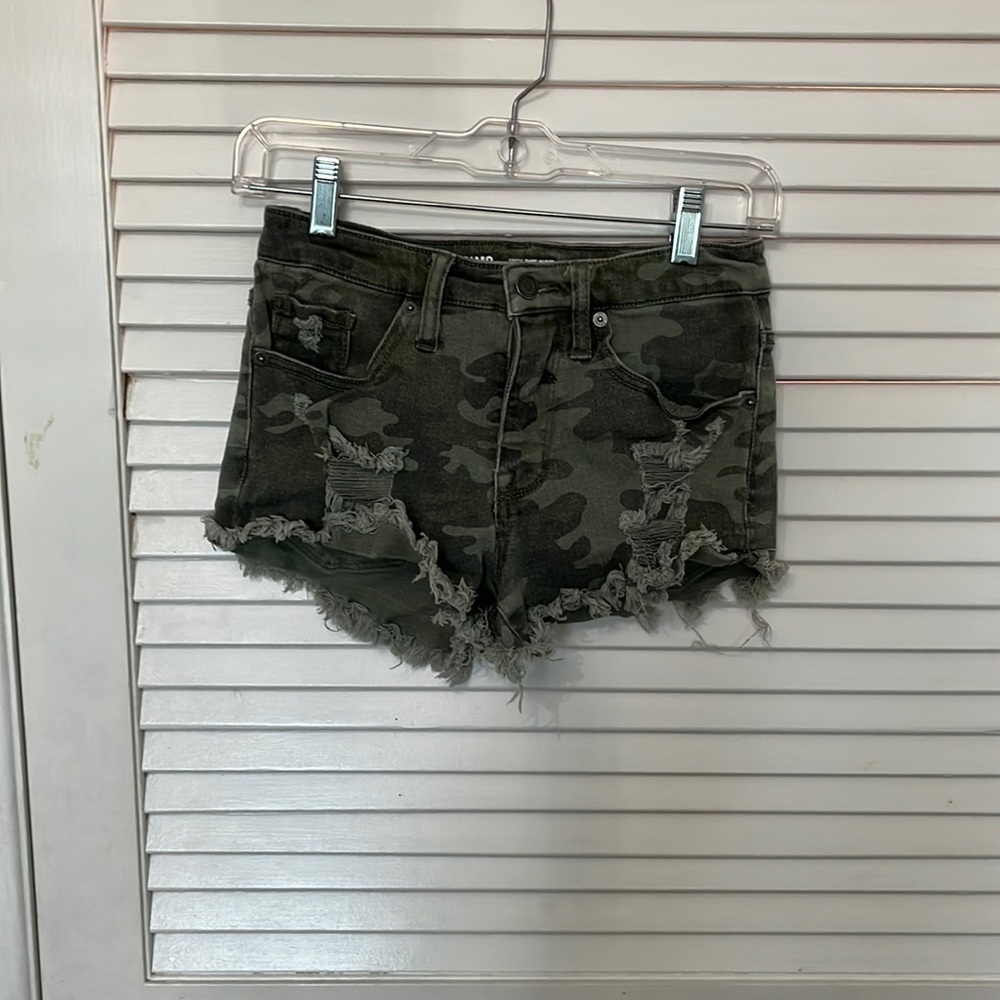 High rise camo denim shorts
